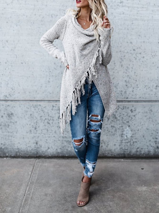 Fringed Plain Casual Shift Outerwear